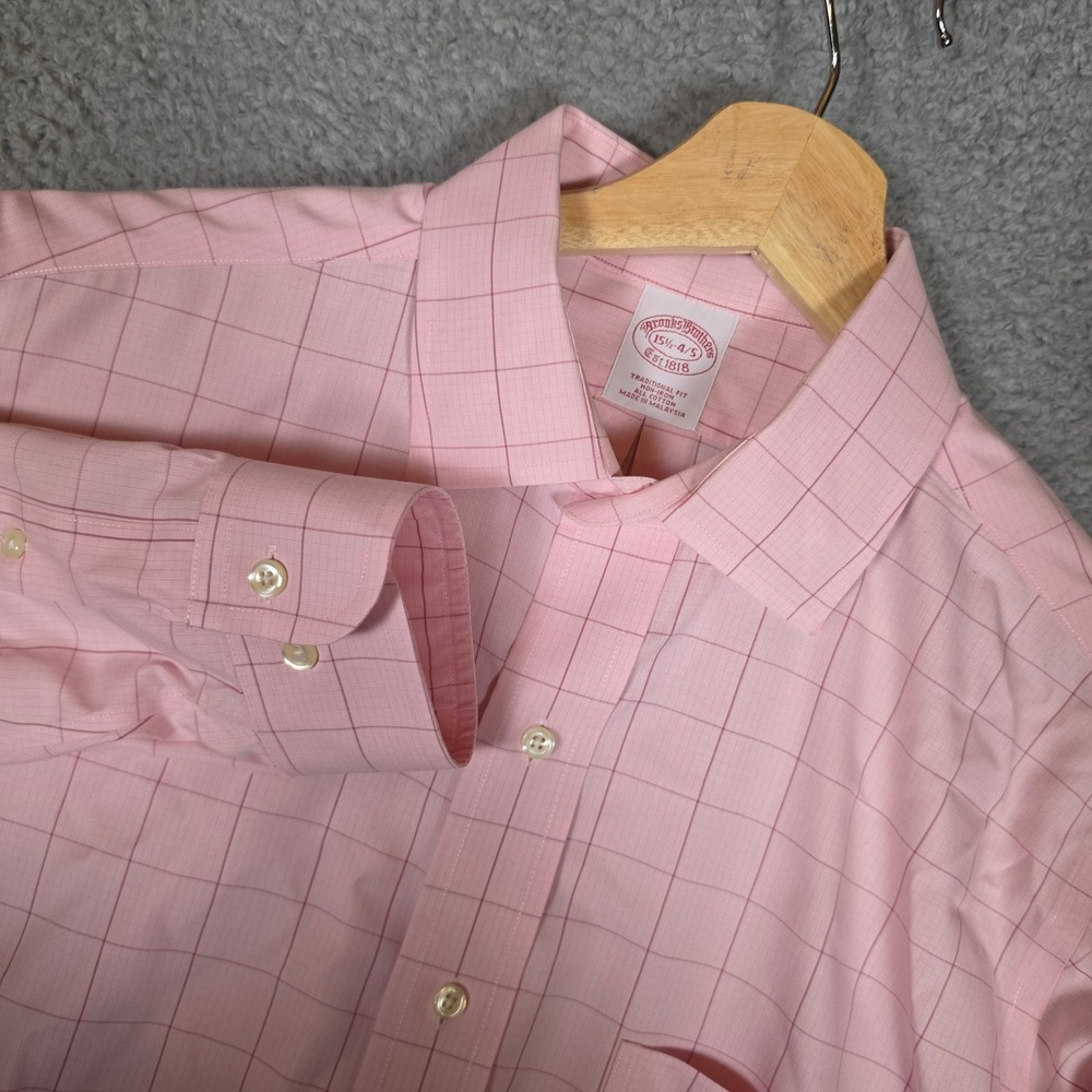 Brooks Brothers Dress Shirt Mens 15.5-4/5‎ Pink Excellent Non-Iron Windowpane